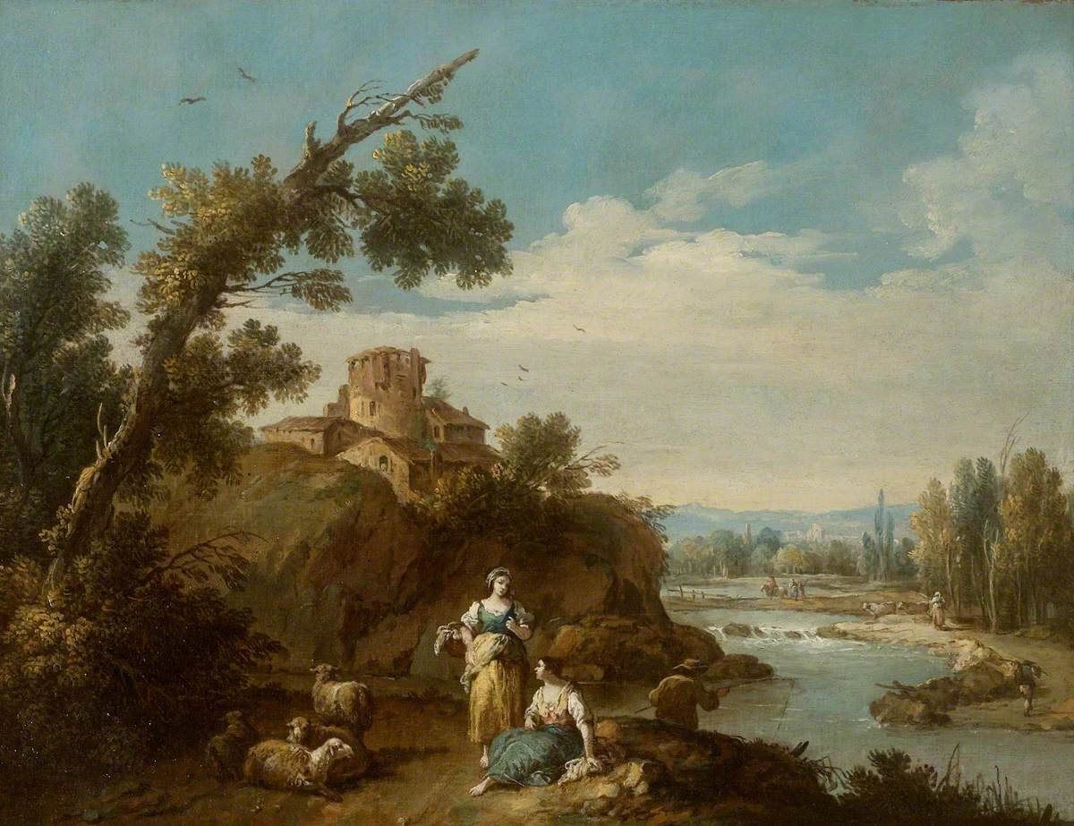 Paesaggio fluviale con due donne di campagna e quattro pecore su una strada tortuosa, un pescatore e una fattoria - National Trust